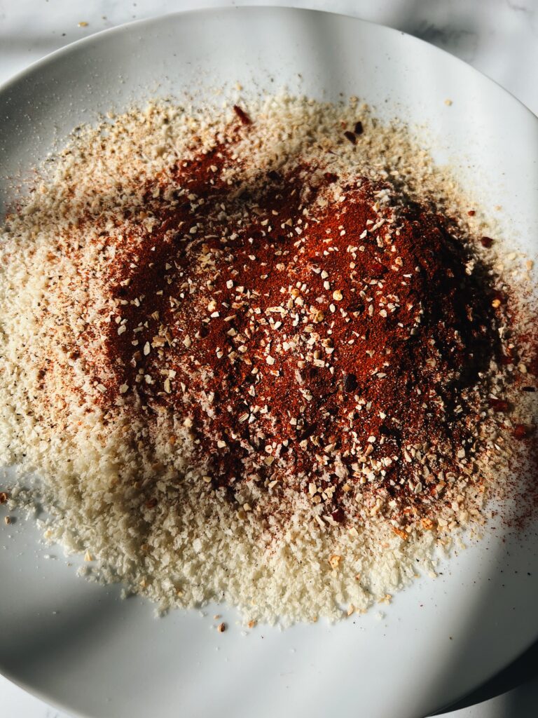 panko bread crumbs with garlic seasoning and paprika